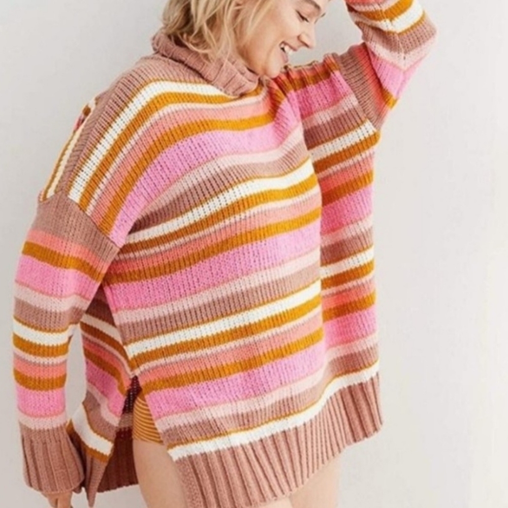 Aerie Oversized Turtleneck Sunset Striped Chunky Knit Sweater Small